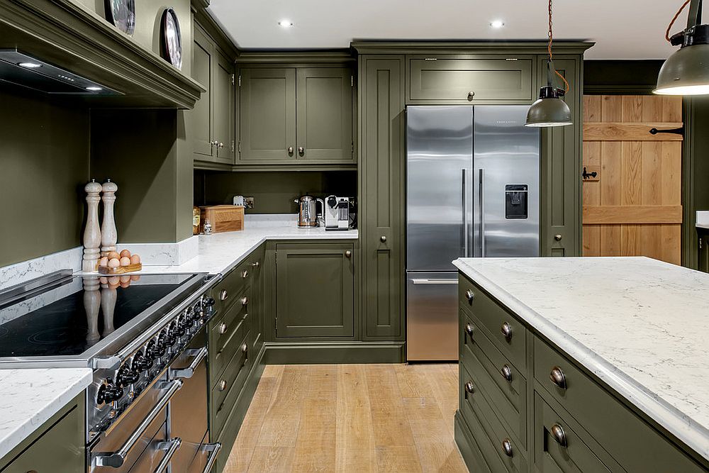 An overload of green in the kitchen along with white