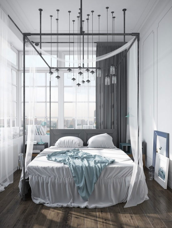 Apartment-with-an-industrial-bed-frame-canopy-600x797