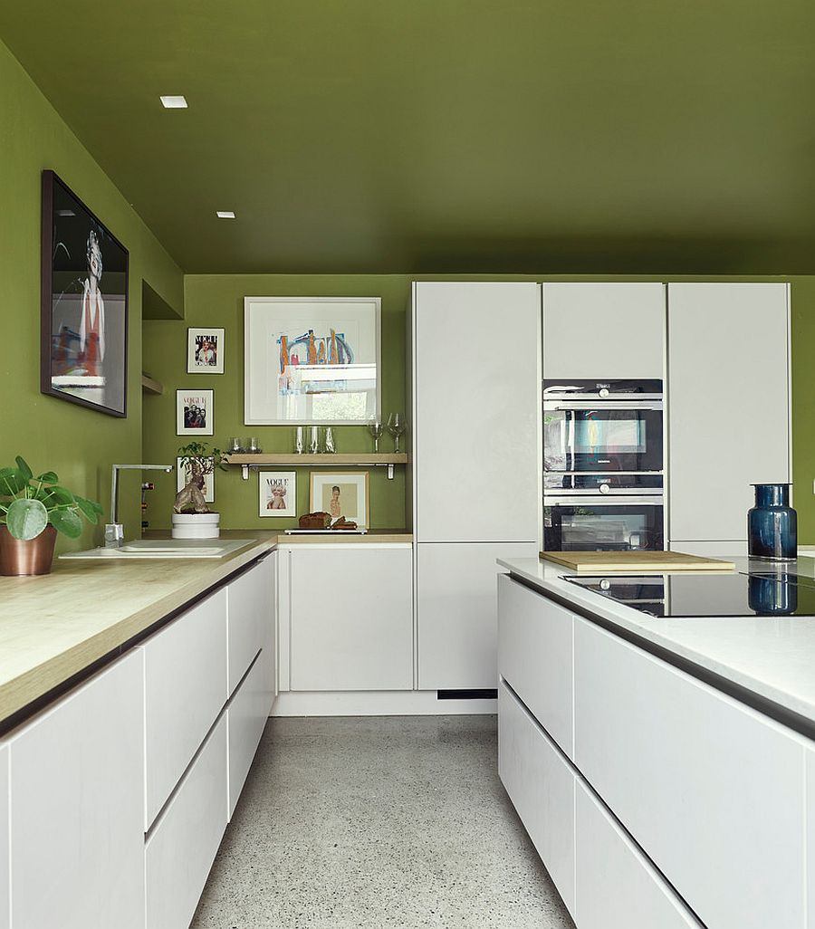 Balanced use of white and green in the space-savvy contemporary kitchen