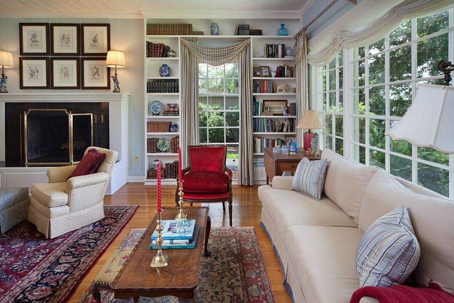 Bookshelves around the doorway work well in the classic living room as well