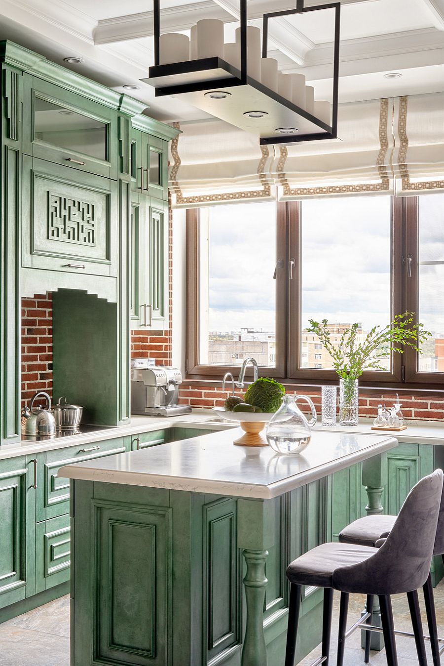 Brick Coupled With Darker Shade Of Green In The Modern Classic Kitchen With Unique Cabinets 