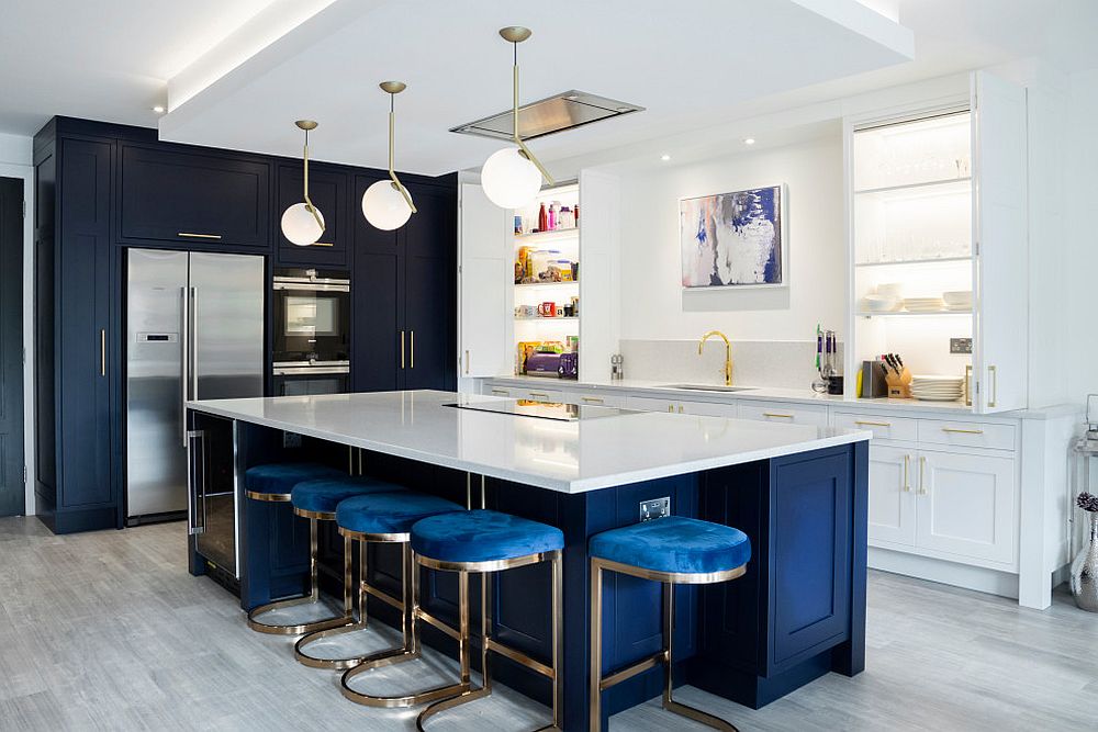 Classic deep blue in the kitchen bright by the dashing island, cabinets and bar stools