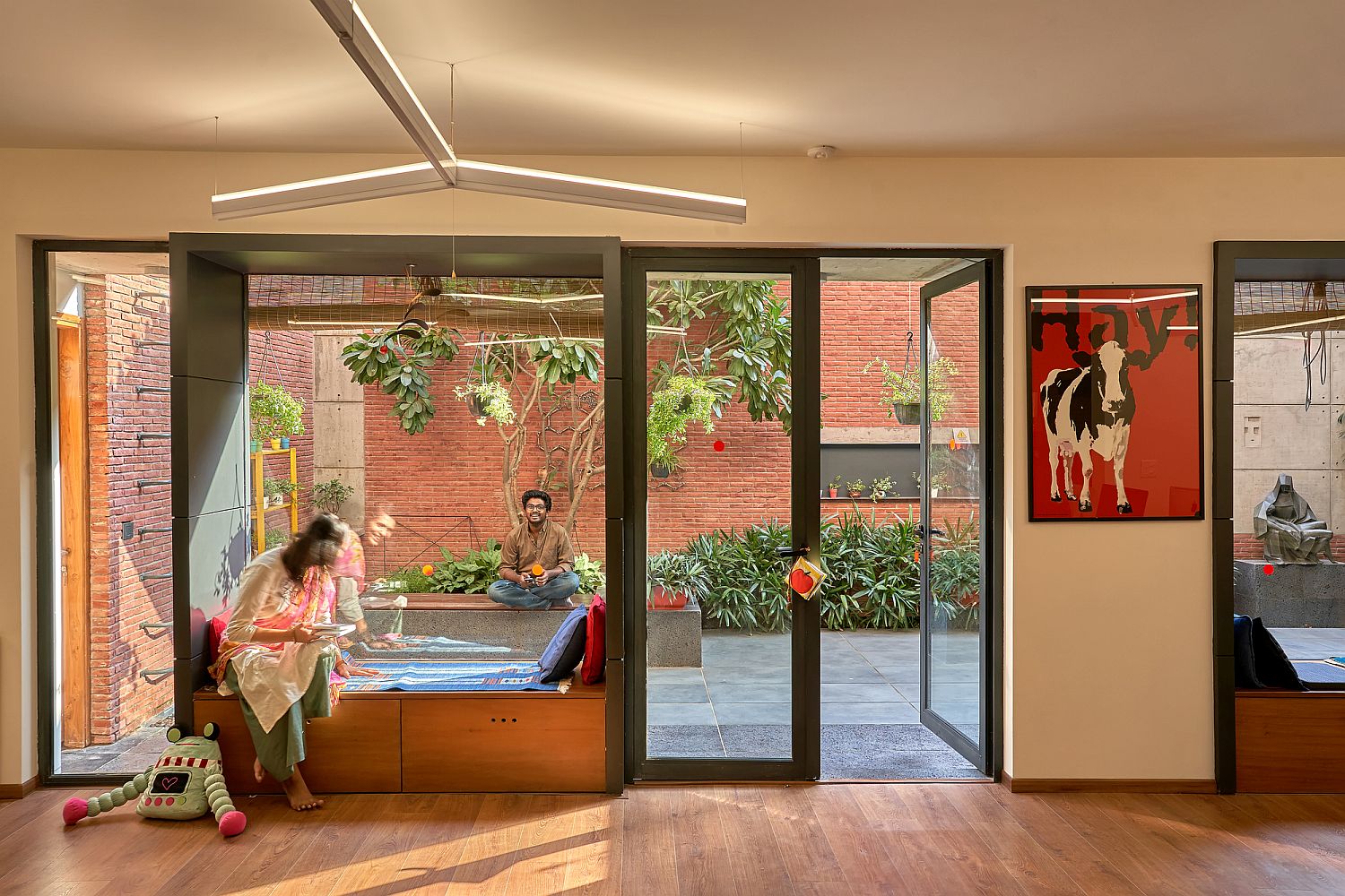 Comfortable interior of the studio in brick and glass