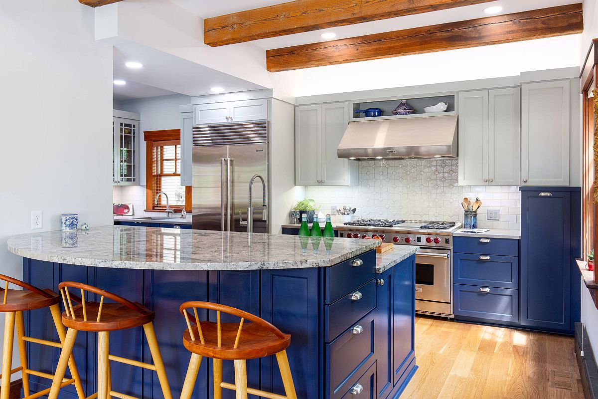 Craftsman style kitchen in Classic Blue and white with wooden ceiling beams