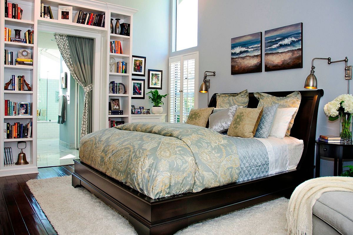 Custom built-in bookshelves around the bedroom doorway make a big visual impact