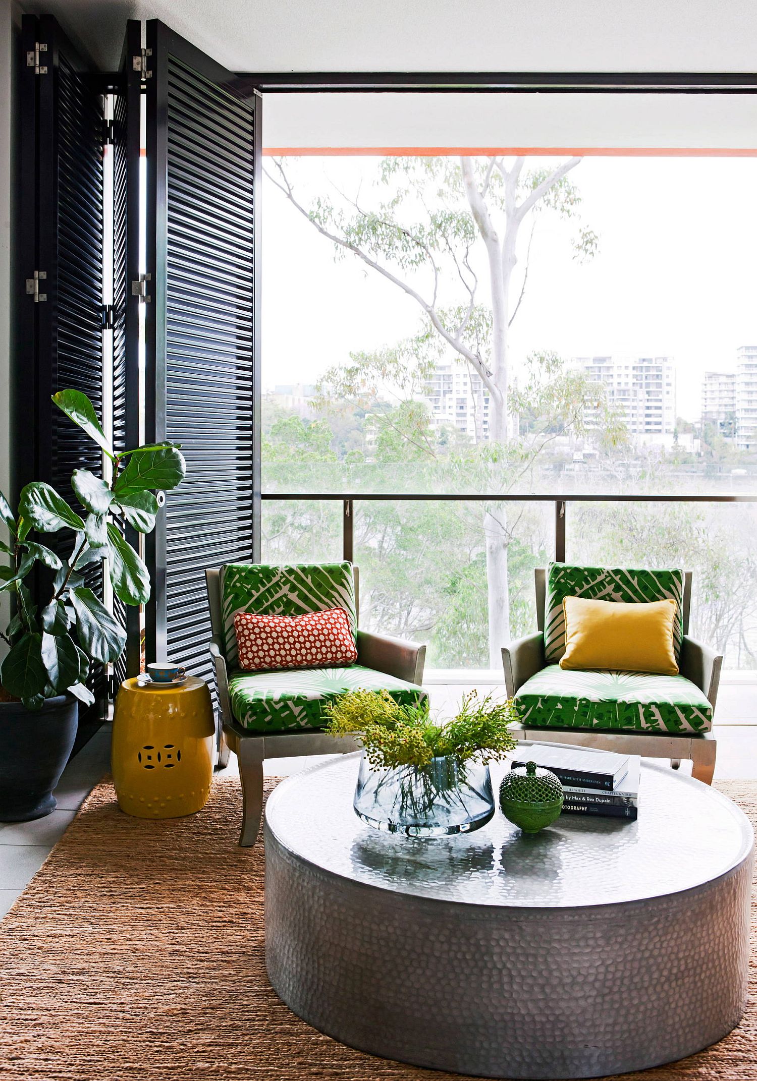 Delightful use of green and yellow accents in the living room