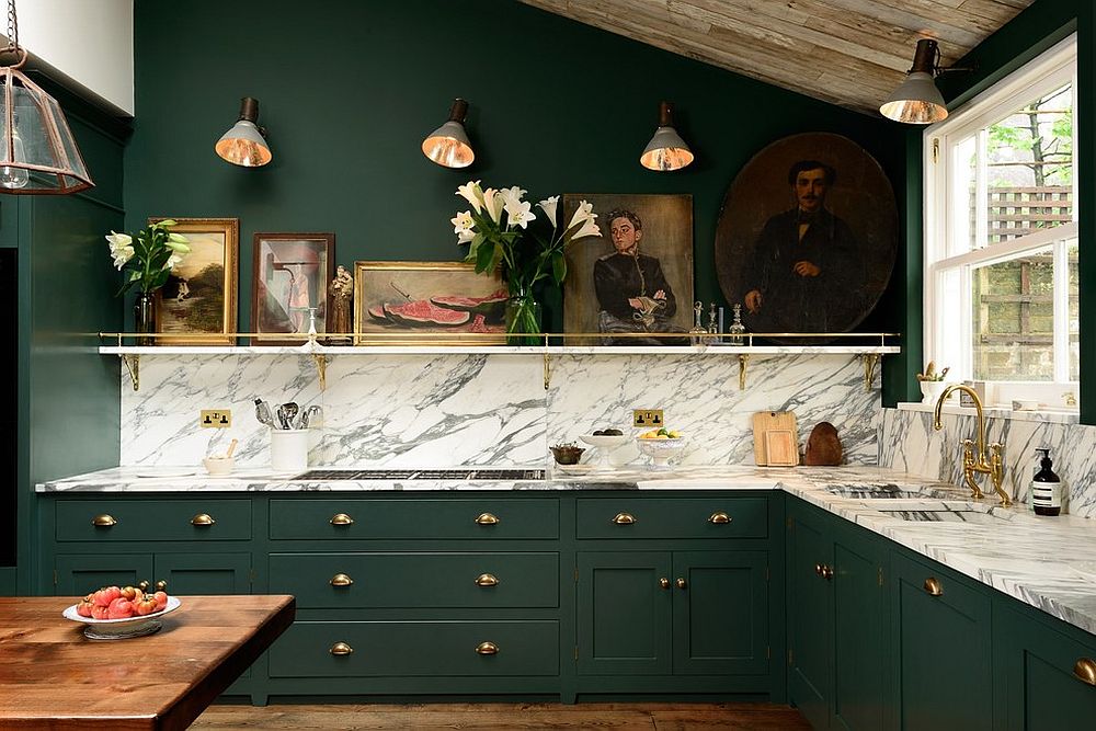 Exquisite use of olive green in the traditional kitchen makes a sophisticated statement