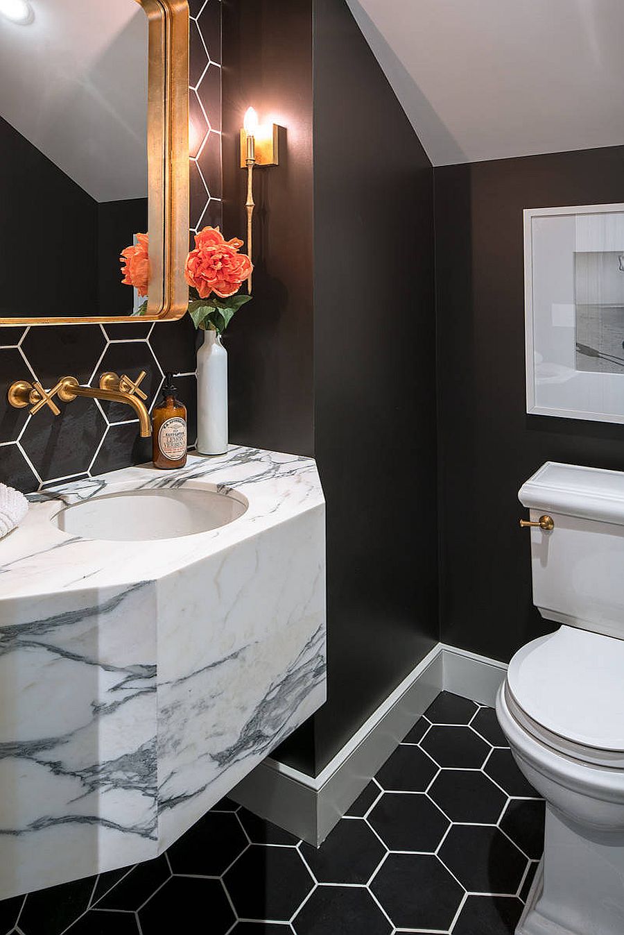 Fabulous-marble-vanity-for-the-chic-contemporary-bathroom-that-features-hexagonal-floor-tiles