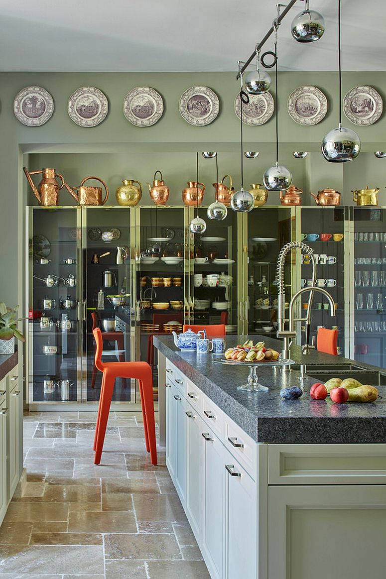 Fabulous use of kitchenware to add metallic glint for the modern green kitchen