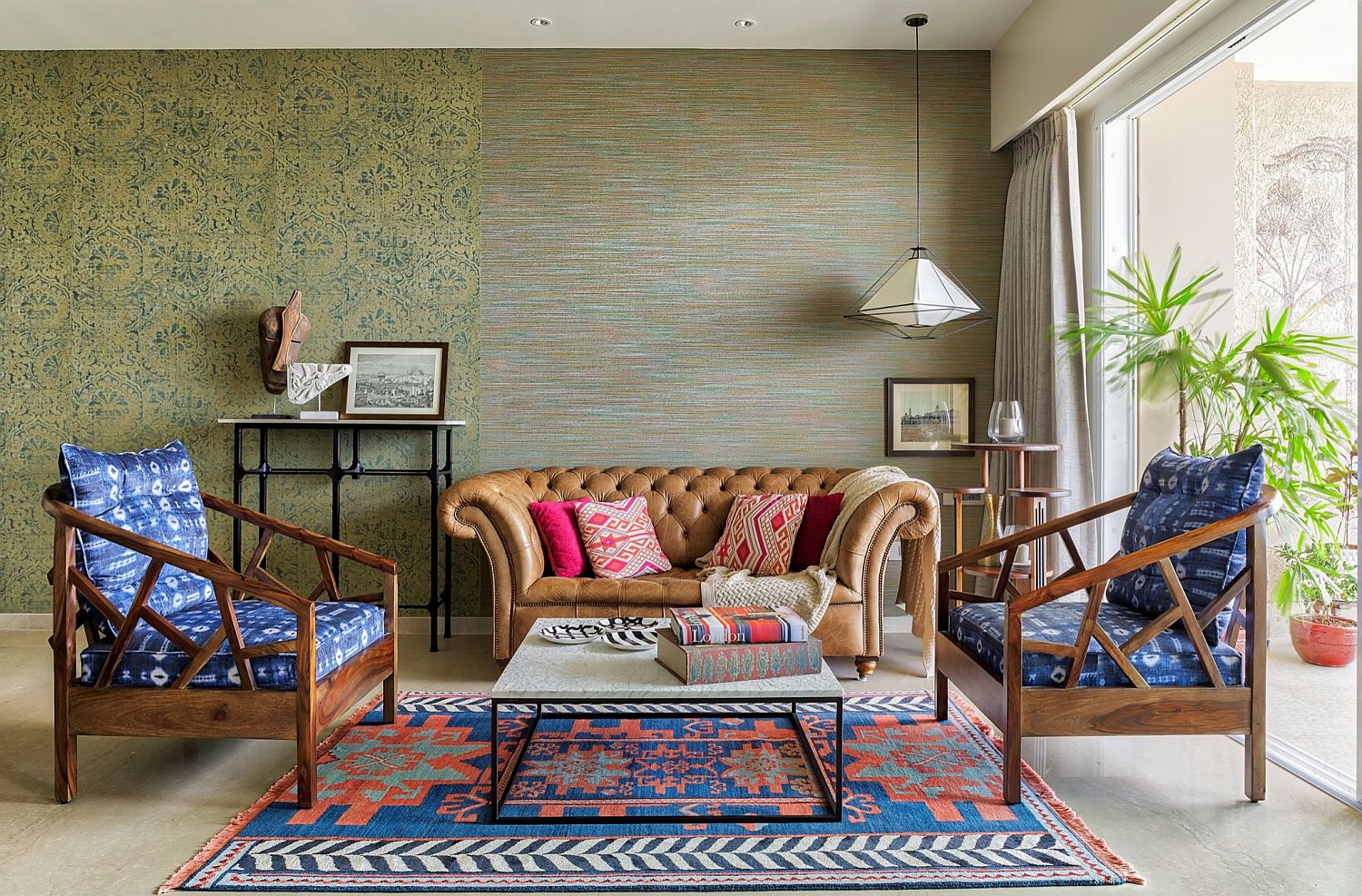 It is decor that brings vivacious color to this modern tropical living room in Mumbai