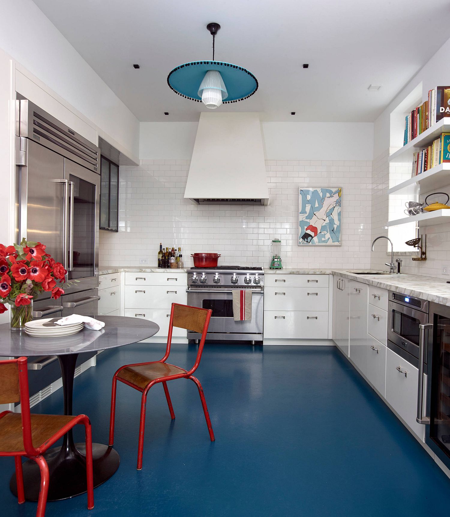 It is not very often that you see a kitchen where floor adds color to the setting!