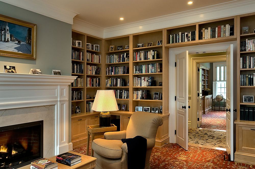 Let the shelves around the doorway extend to other walls in the open family room with fireplace