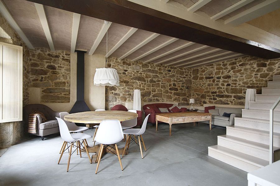 Mortar and stone coupled to create lovelu interior walls on the lower level