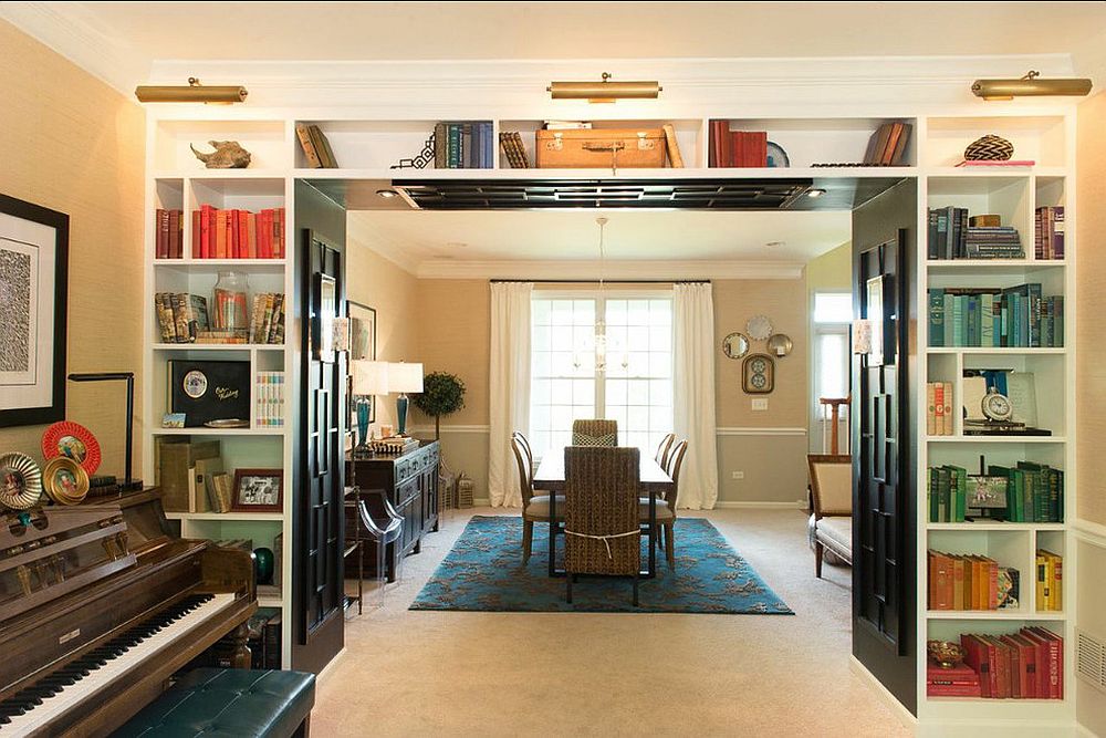 Music room of the house with smart and simple shelves that wrap themselves around the doorway