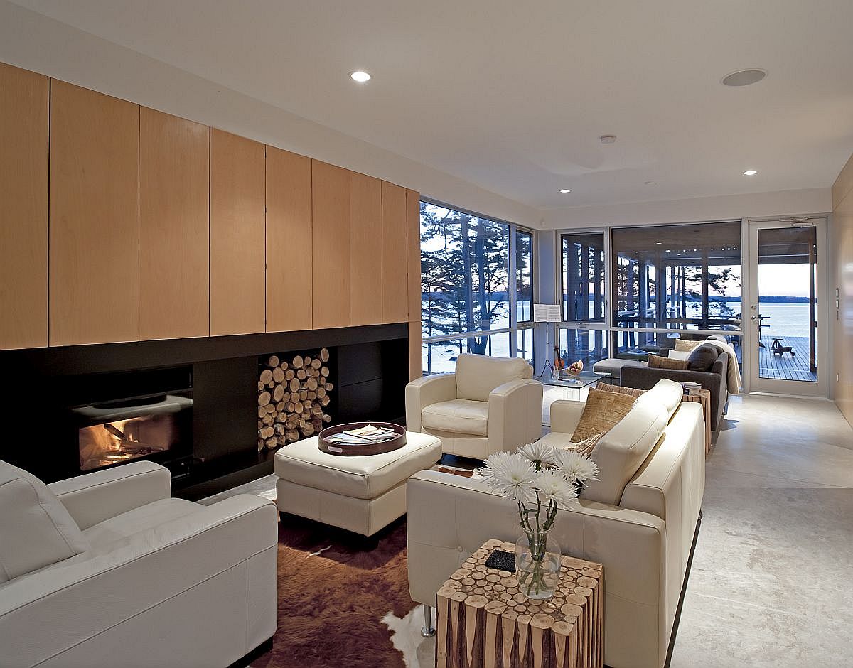 Open plan living area of the contemporary Bridge House in Canada