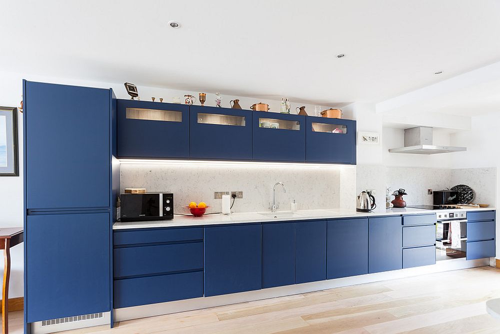 Pick-a-shade-of-deep-blue-along-with-white-in-the-sleek-single-wall-contemporary-kitchen