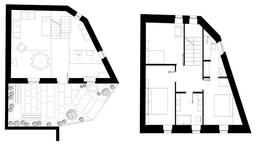 Revamped ground level floor plan of the renovated stone home in Spain