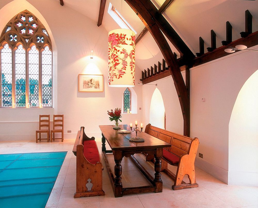Spacious-dining-room-inside-the-church-converted-into-modern-home-embraces-pastel-pink-beautifully