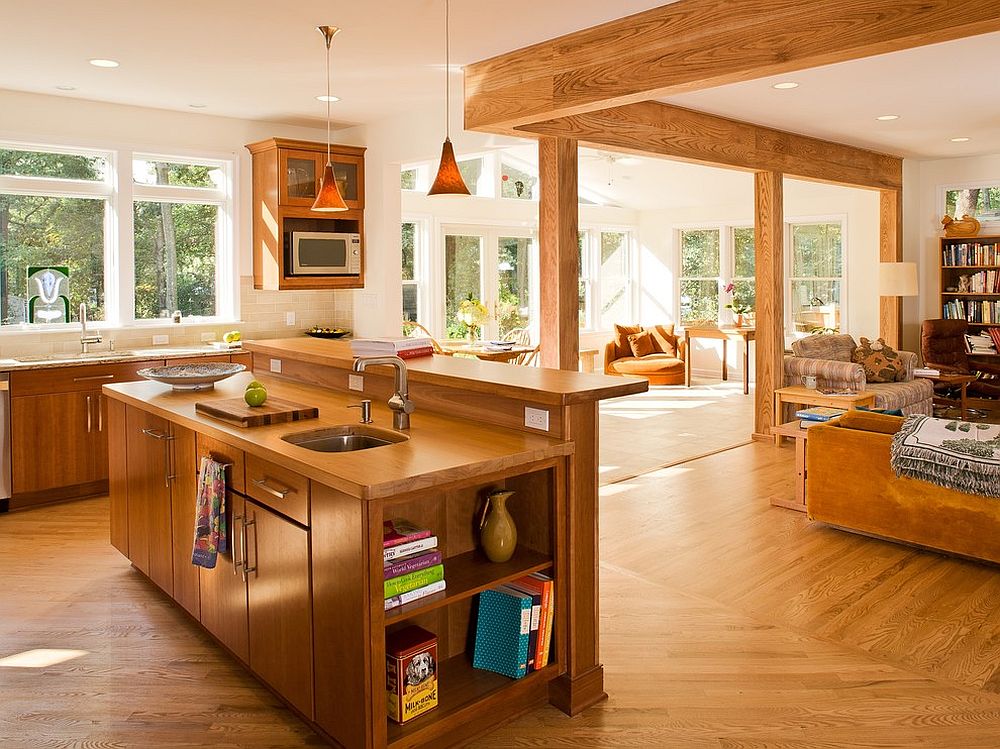 Wood and white open plan living area with a wooden island to match the look