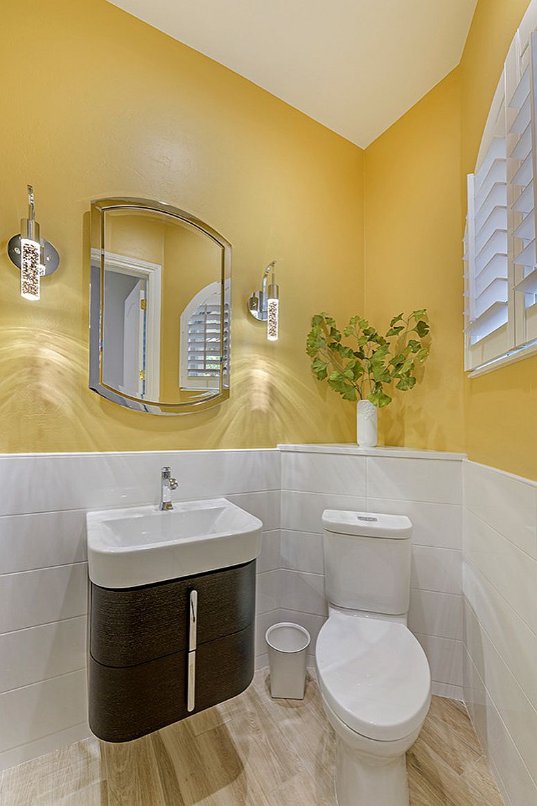 Beautiful balance between white and yellow in the powder room