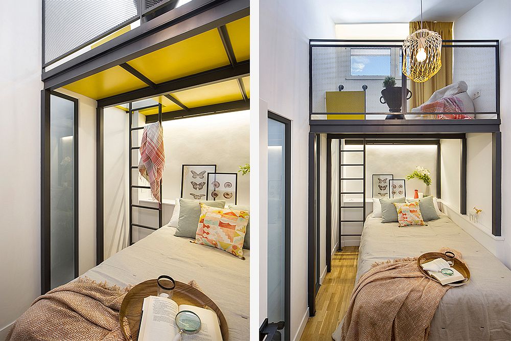 Bedroom with loft level reading nook is both tiny and efficient