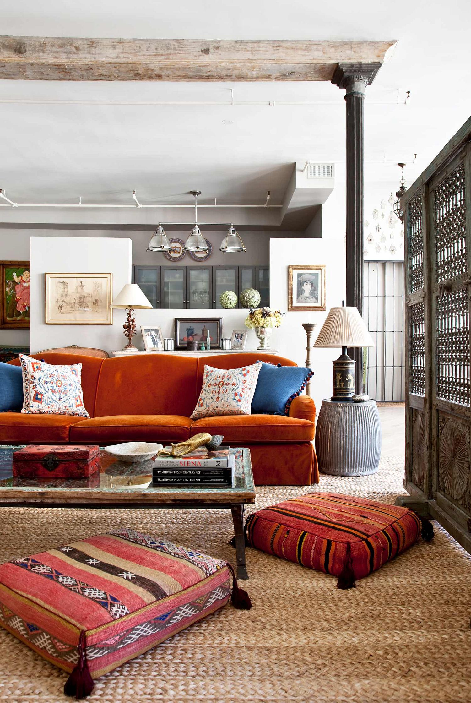 Bohemian style living room with pops of bright color everywhere