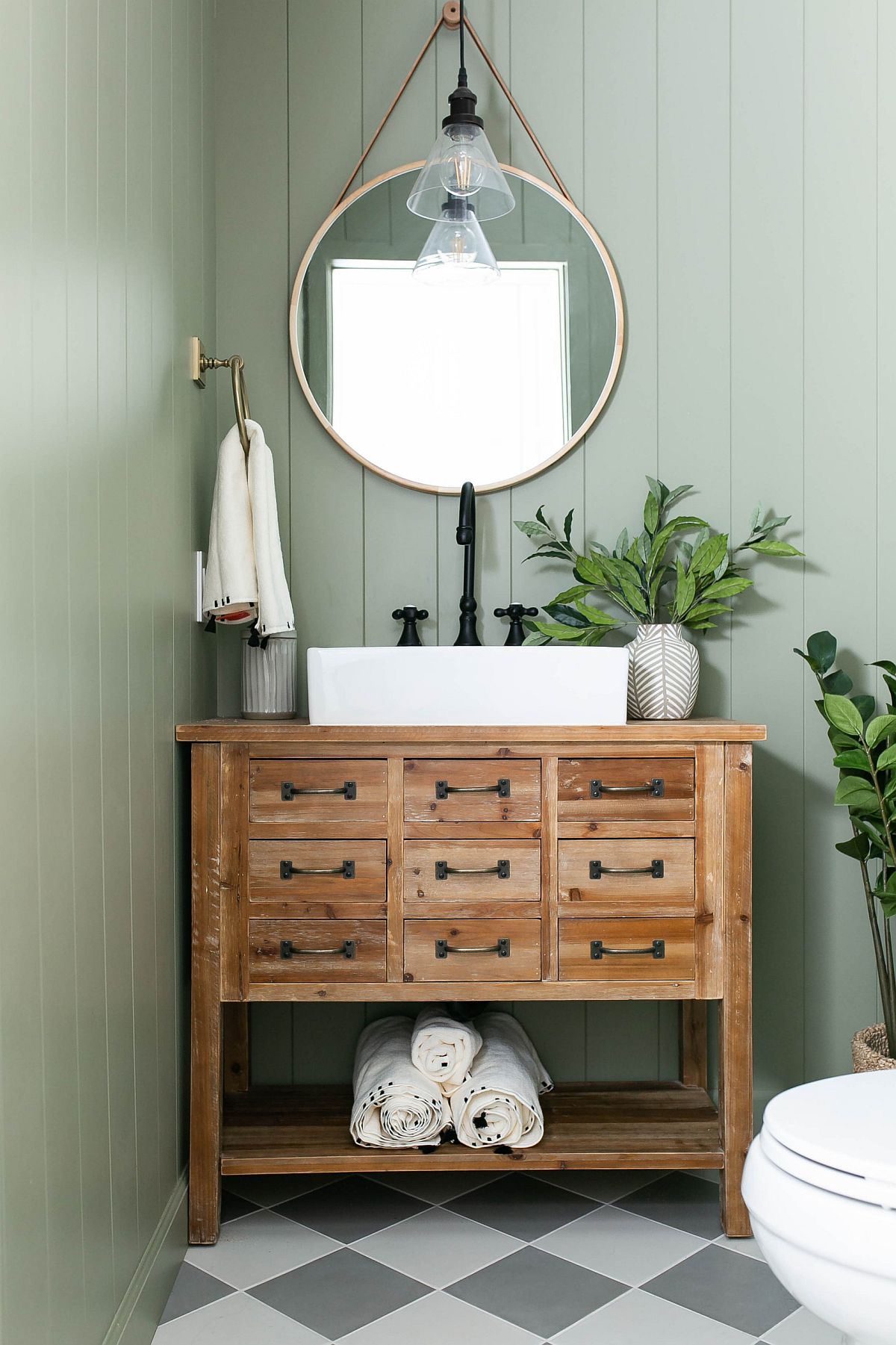 Brilliant blend of pastel blue and wooden vanity in the classy farmhouse vanity
