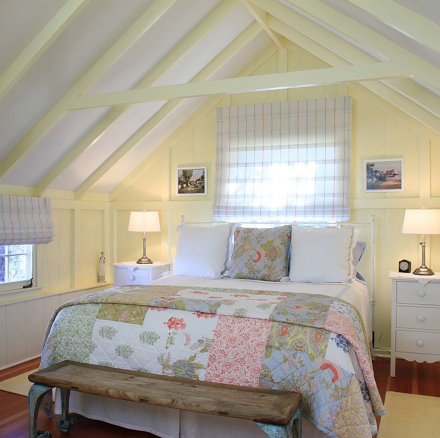 Cottage beach style attic bedroom in white and yellow looks just picture-perfect