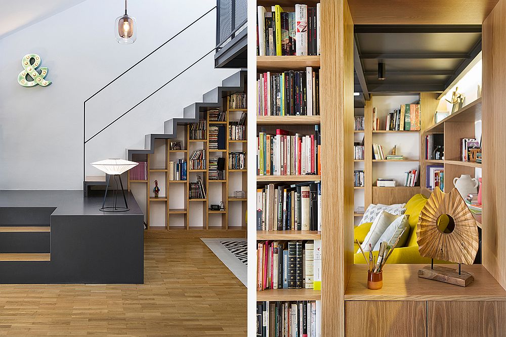 Custom wooden decor throughout the attic level gives ample shelf space for book and more