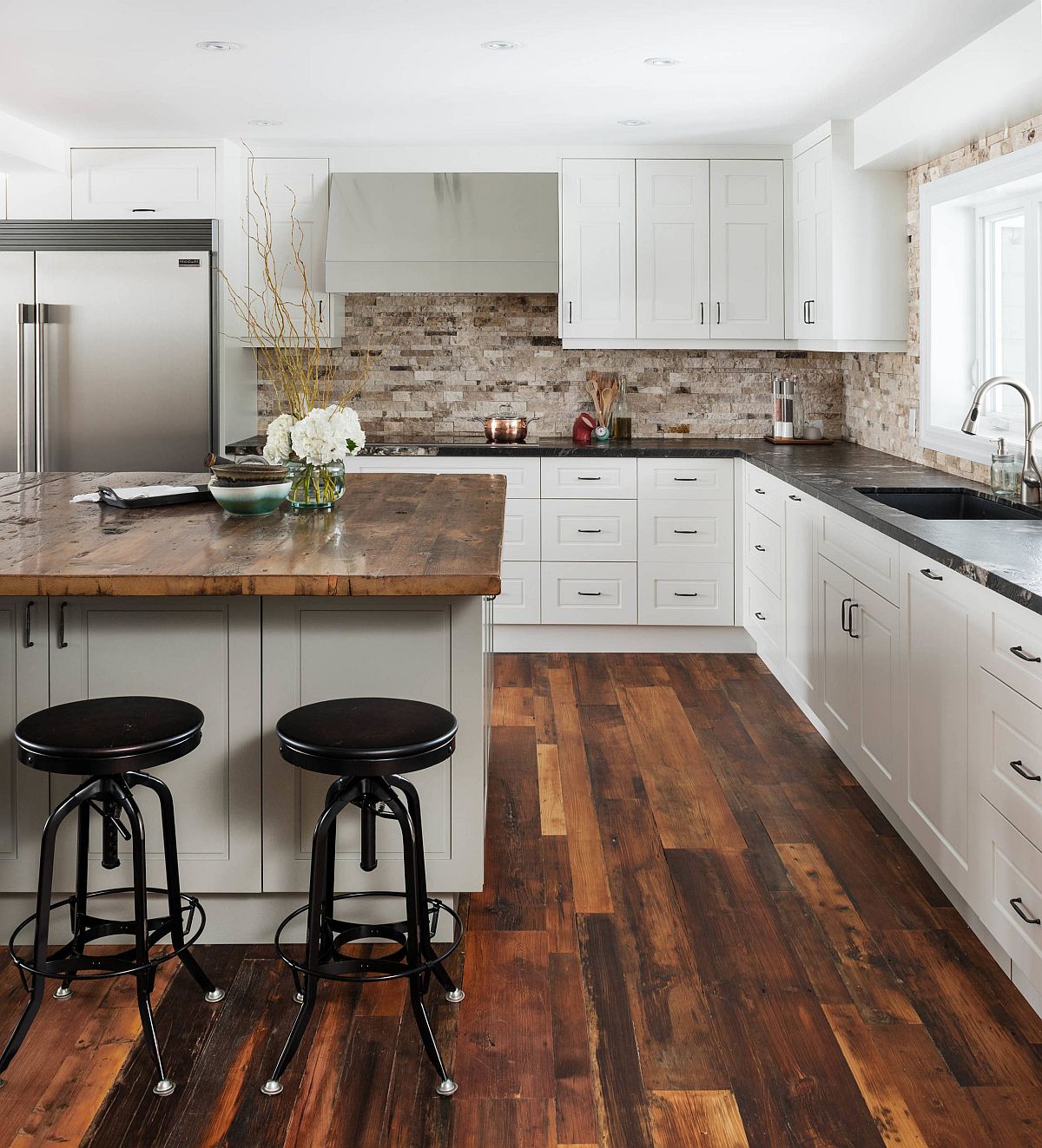 Eye-catching reclaimed wood floors for the kitchen can offer a practical and cost-effective solution