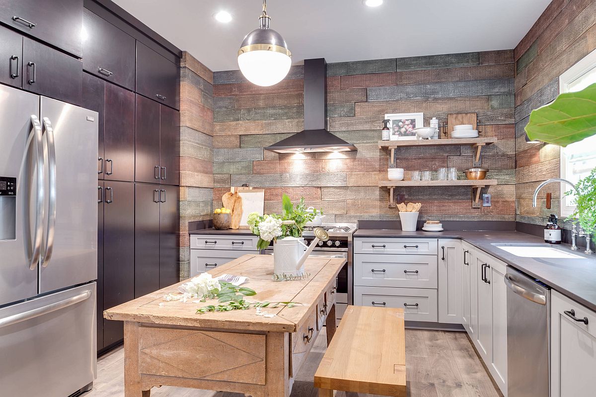 Finding space for wood beyond just the kitchen floor to give the rustic kitchen a comfy vibe