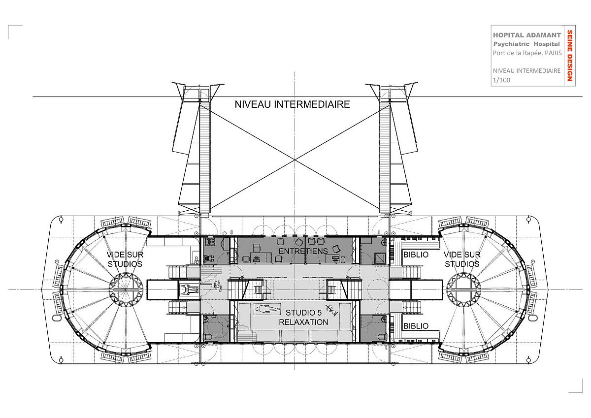 First level floor plan of Hospital on a River in Paris