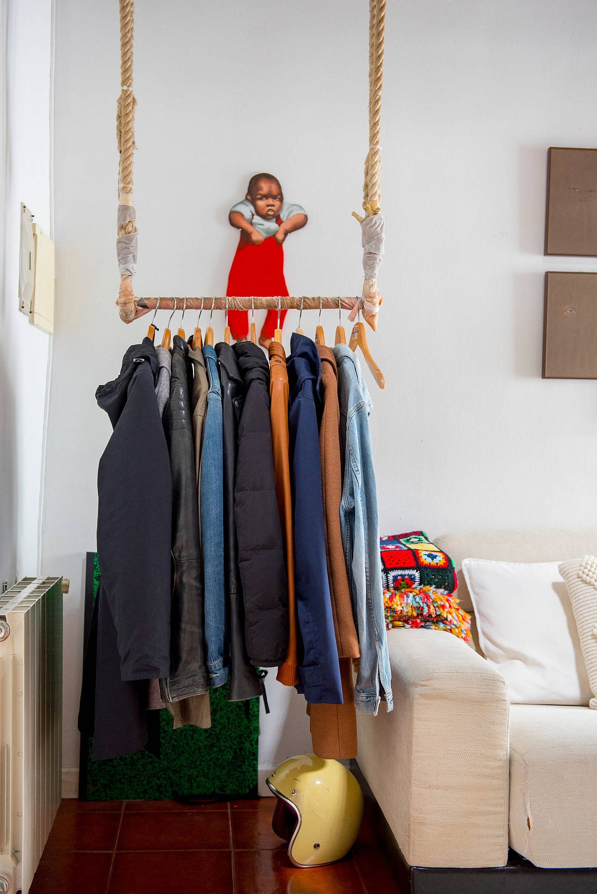 Fun hanging rod can provide a closet all on its own!