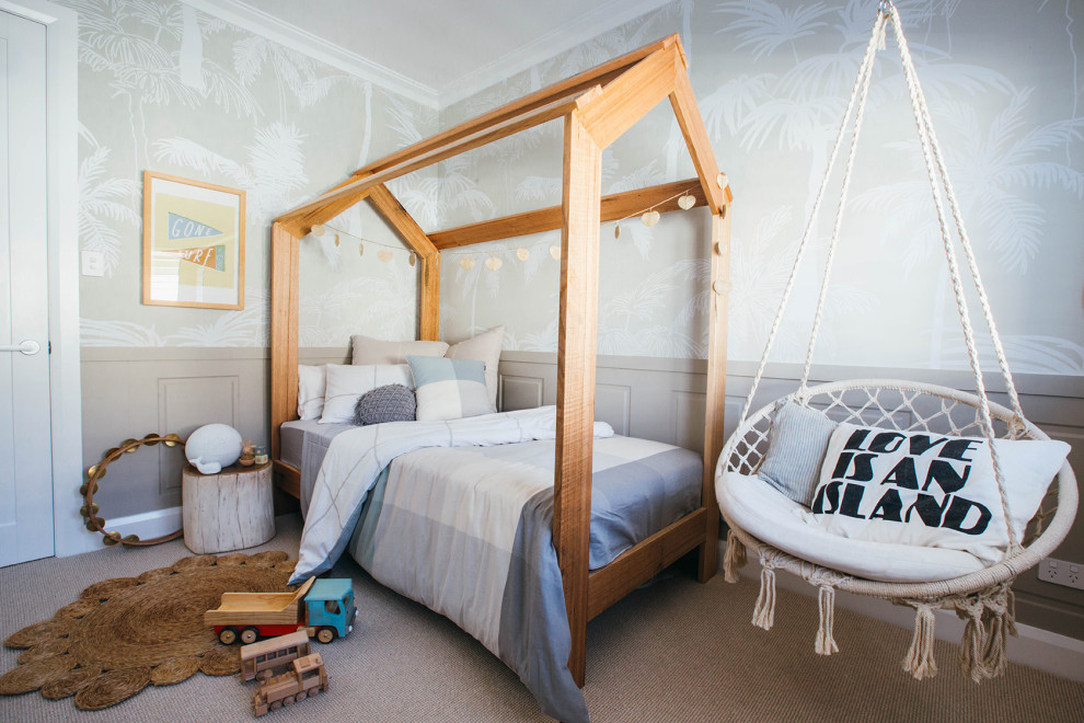 Get creative with the bed frame and other decor in the neutral nursery in white and wood