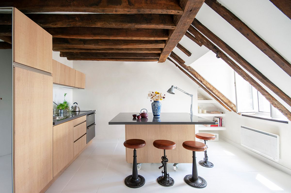 Gorgeous contemporary kitchen in wood and white with beautiful ceiling beams that steal the show