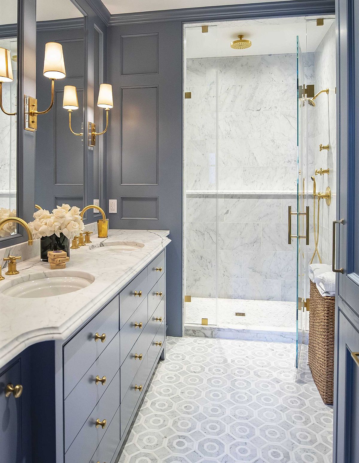 Grayish blue combined with white and gold accents in the contemporary bathroom