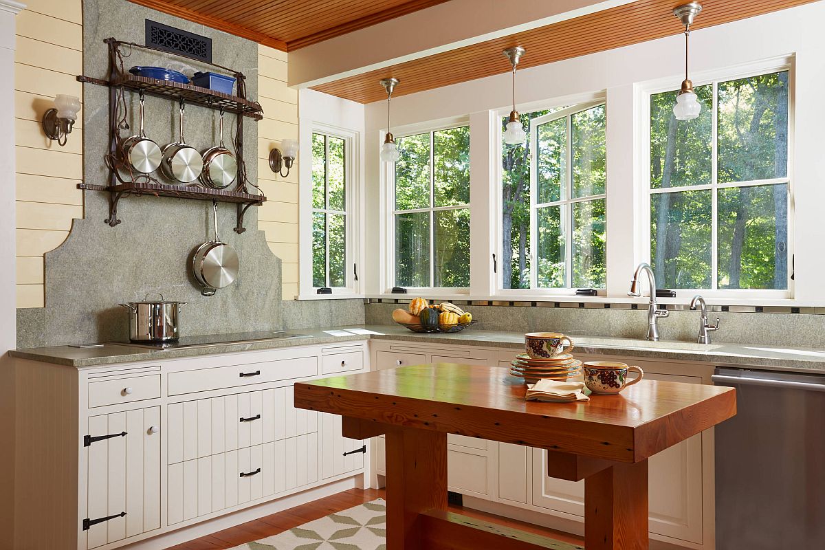 Kitchen island made from reclaimed timber adds an entirely different dimension to this lovely kitchen