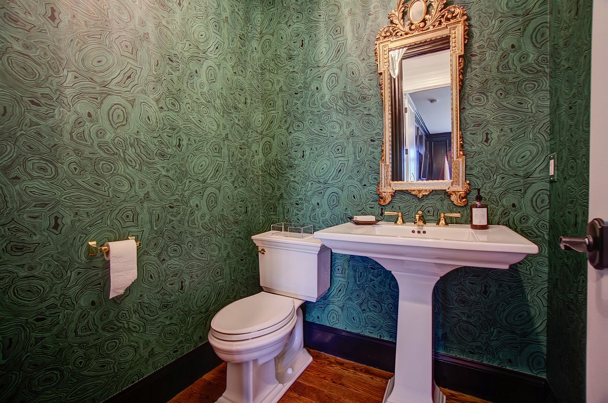 Malachite green wallpaper is a fun idea that you can try out in the powder room