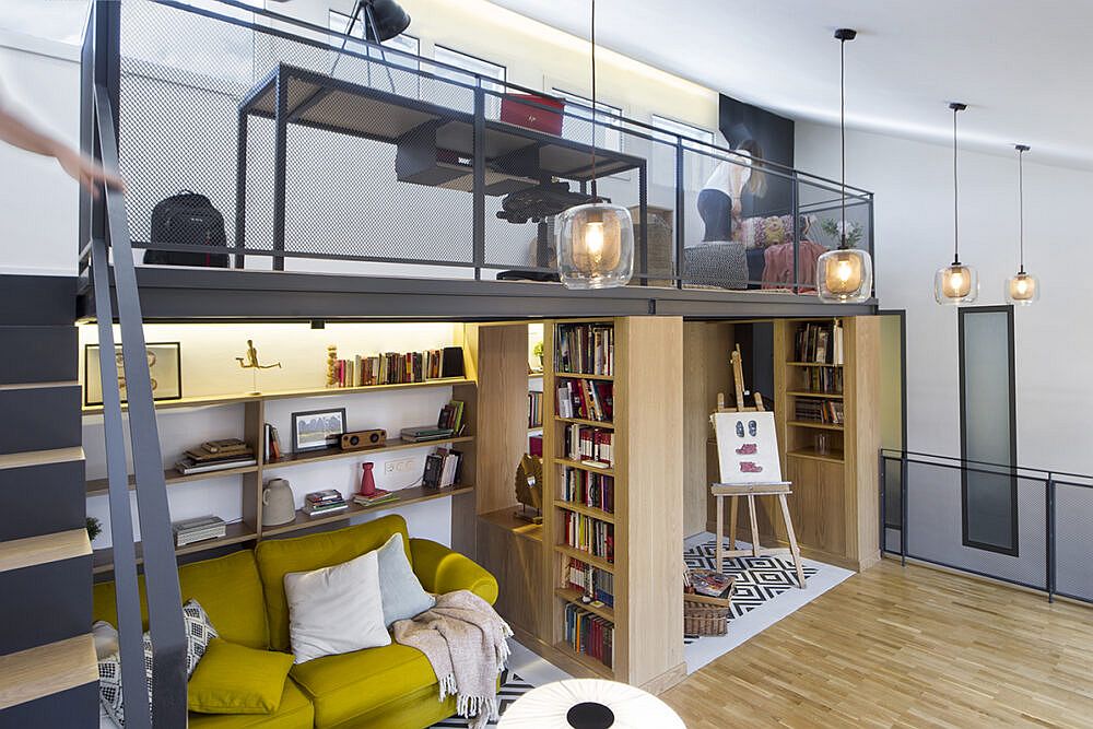 Mezzanine level holds the home workstation and reading area