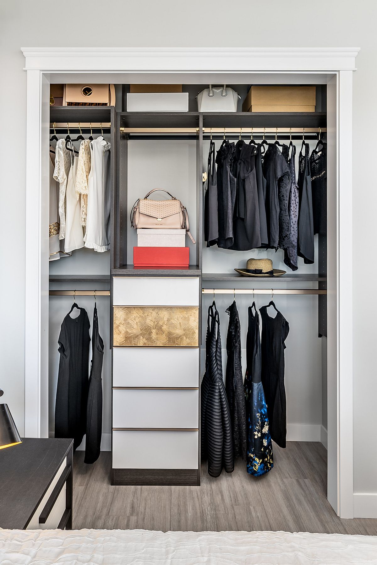 Modern minimal bedroom closet is easy on the eyes thanks to smart organization