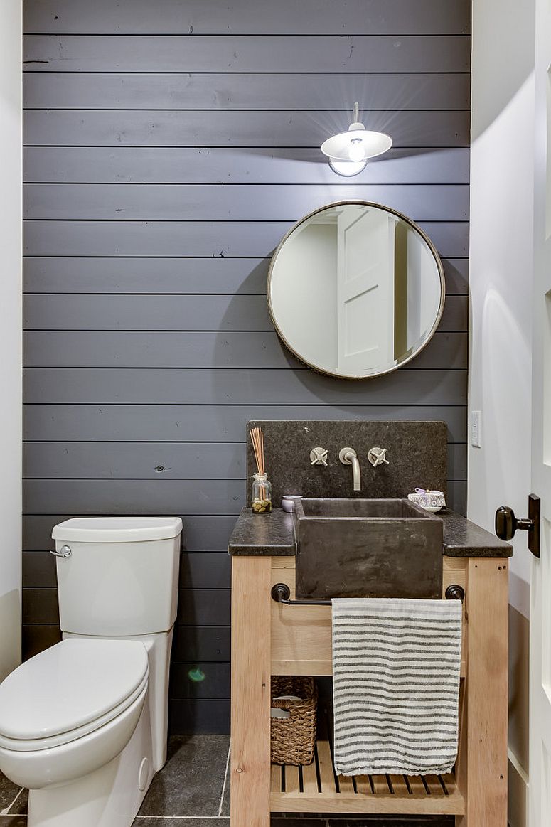 Reclaimed white oak vanity coupled with gray accent wall in the tiny powder room