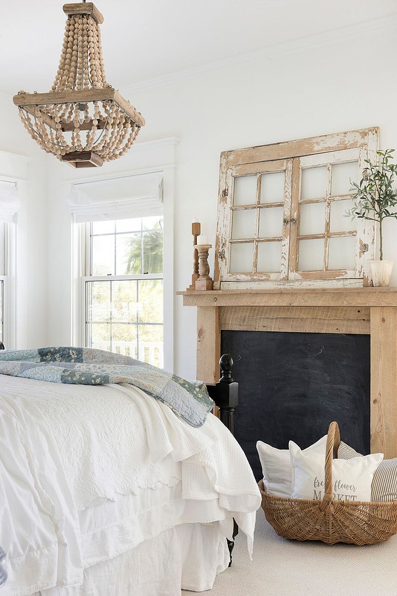 Shabby chic and rustic touches coupled with relaxing white and wood color scheme in the bedroom