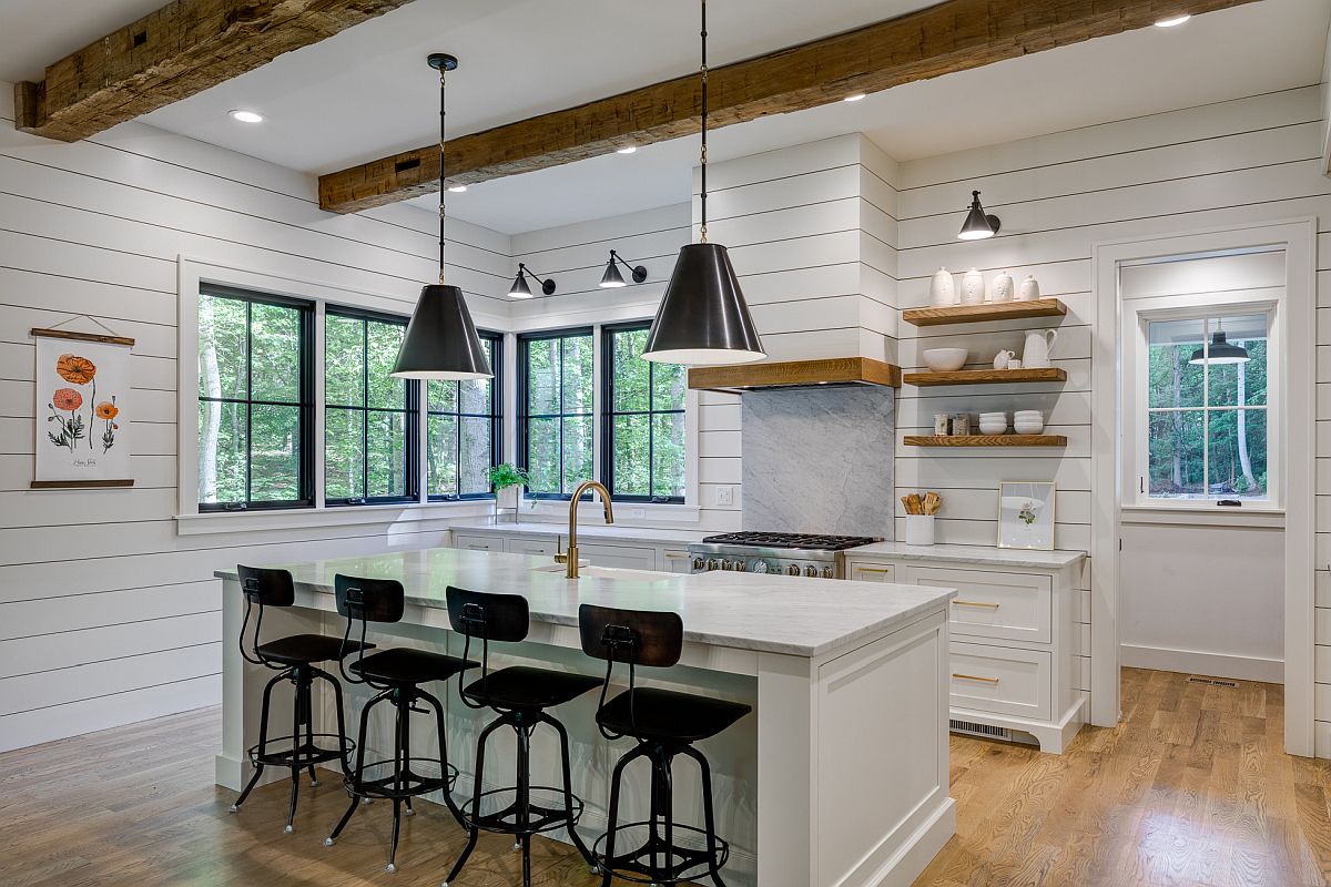 Simple-and-modern-use-of-wooden-ceiling-beams-along-with-floating-wooden-shelves-in-the-white-kitchen-23609