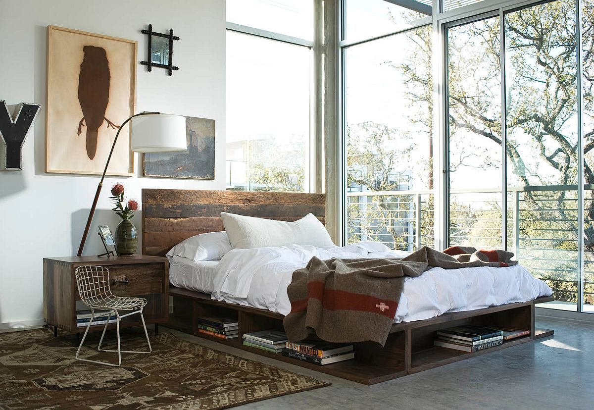 Storage space under the platform bed for book lovers