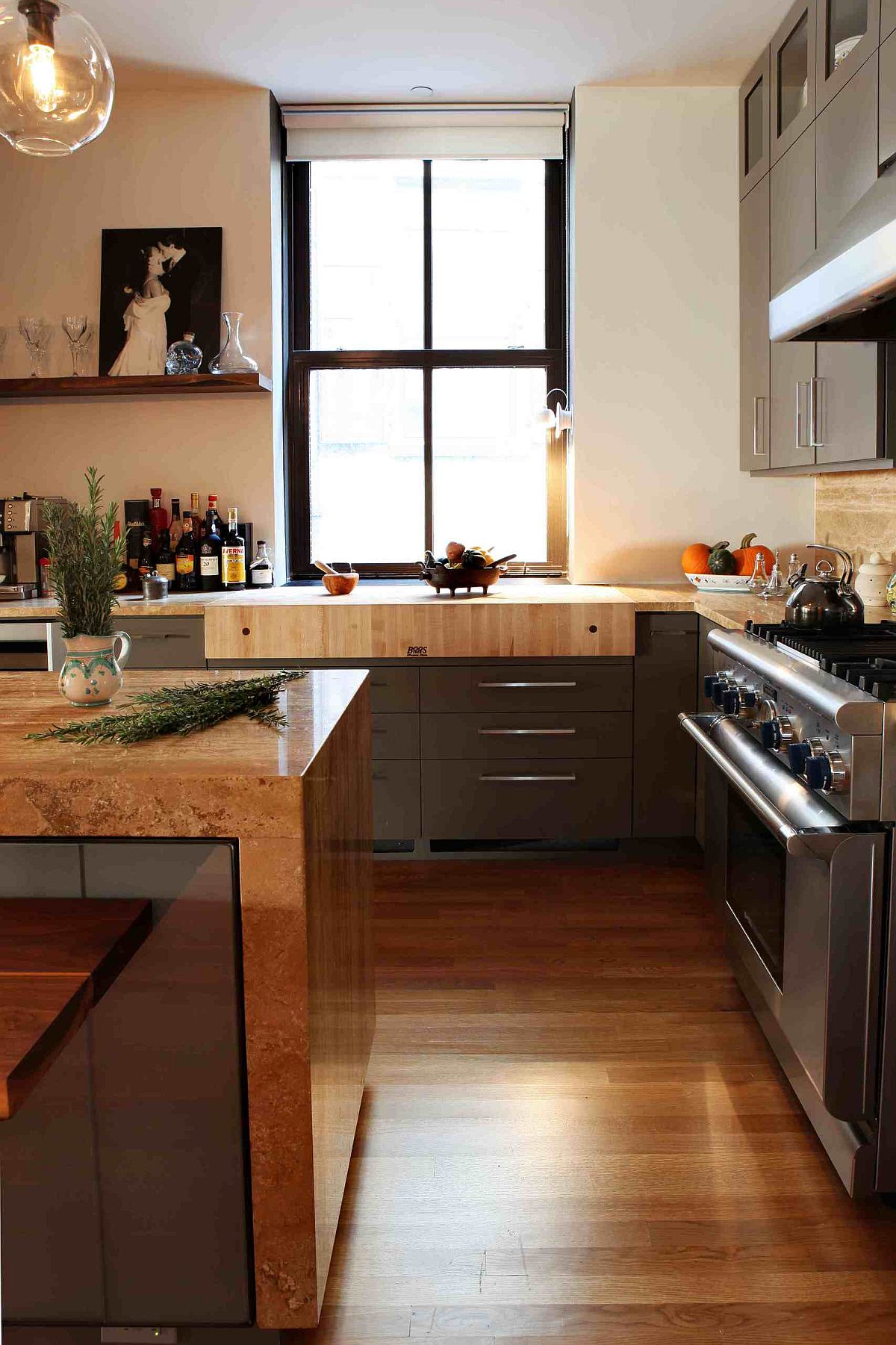 Thick butcher block cuntertops are a hot trend in the functional modern kitchen