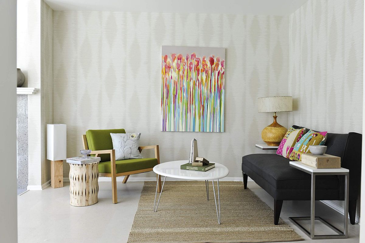 Wallpaper adds light gray and white to the living room while accentuating its style