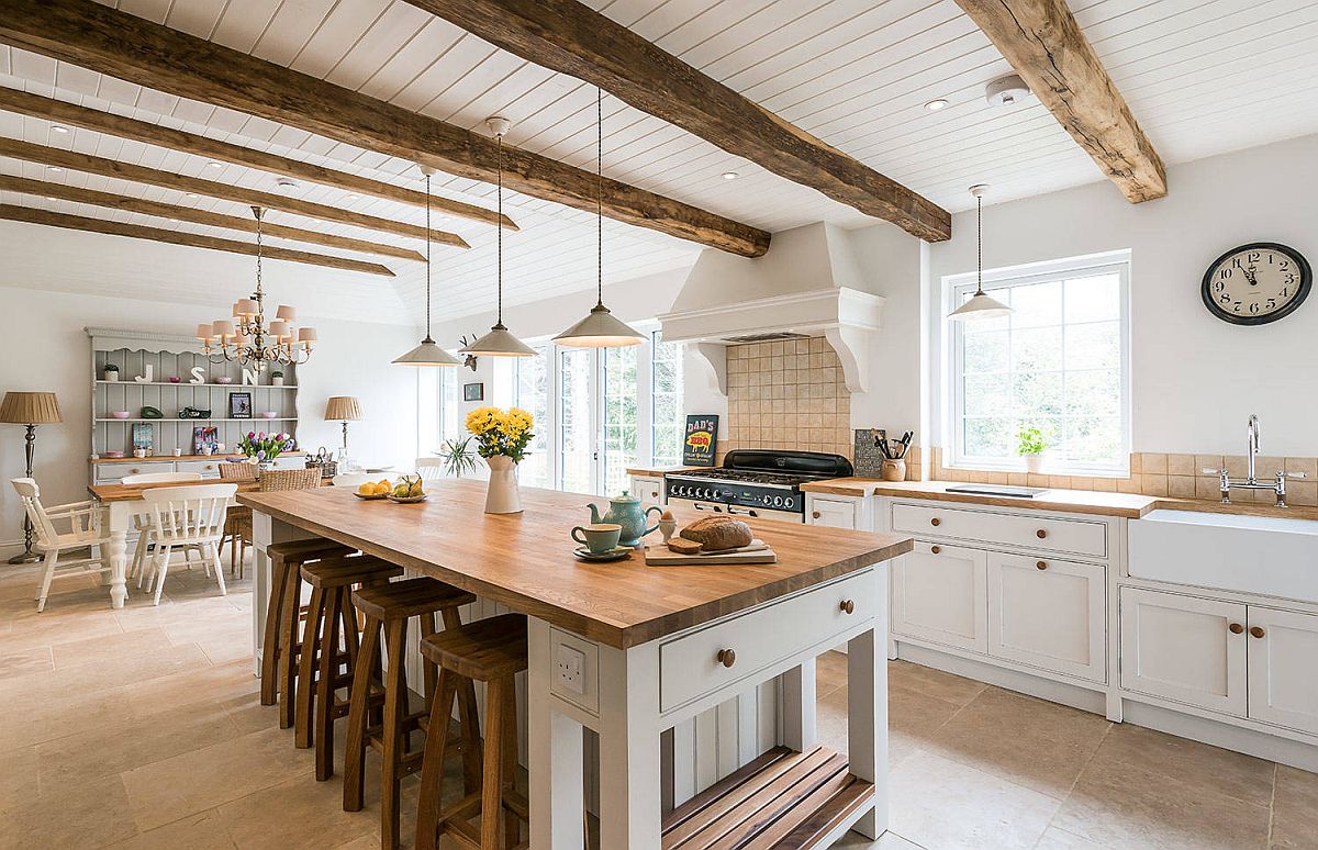 White Ceiling Of The Kitchen Allows The Beams To Stand Out More Visually 37712 