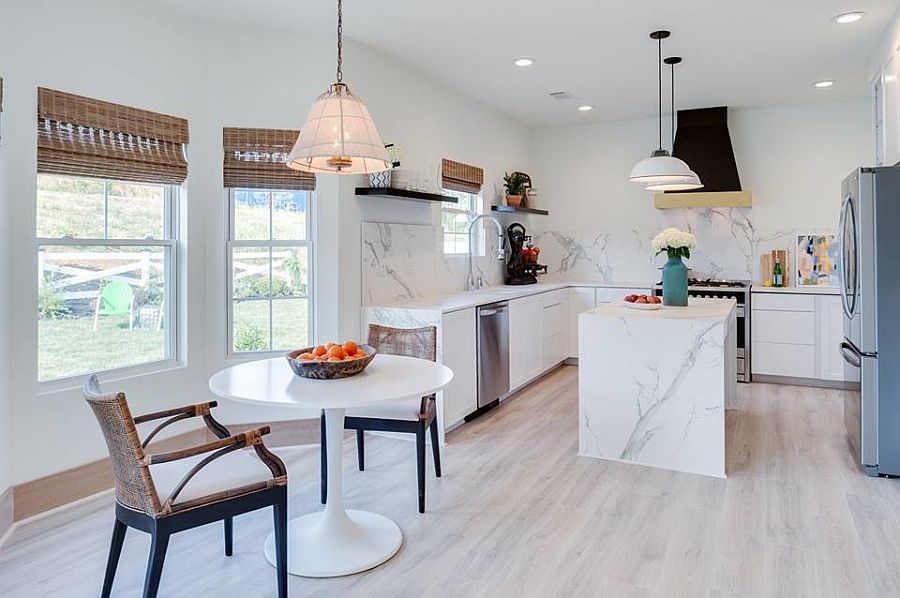 Wooden floor in lighter tone gives the modern kitchen a much more brighter, light-filled visual appeal