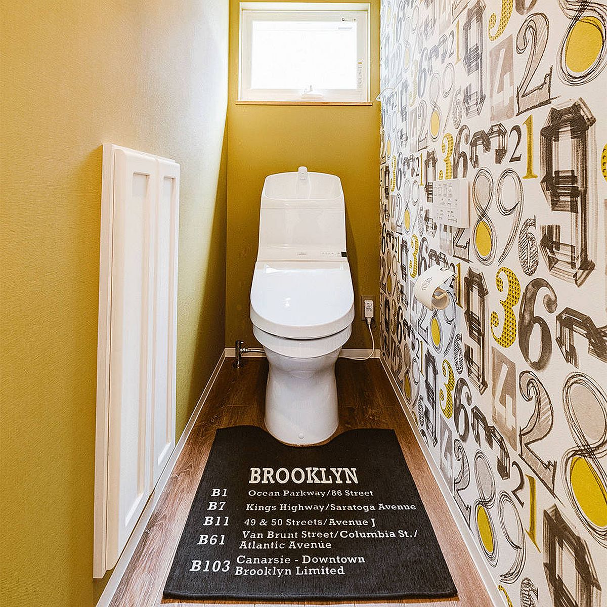 Yellow coupled with unique wallpaper in the powder room