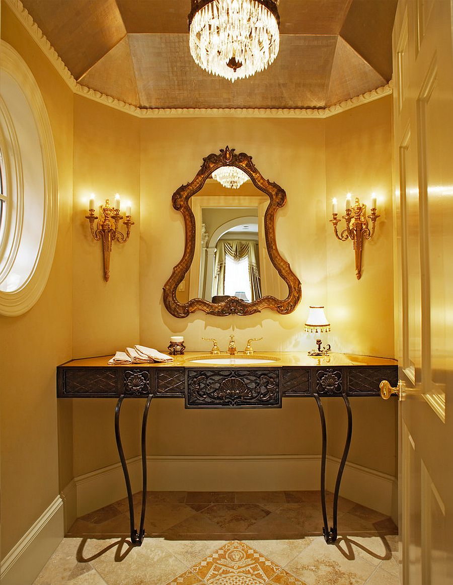 Yellow is the perfect color for the glam Mediterranean powder room